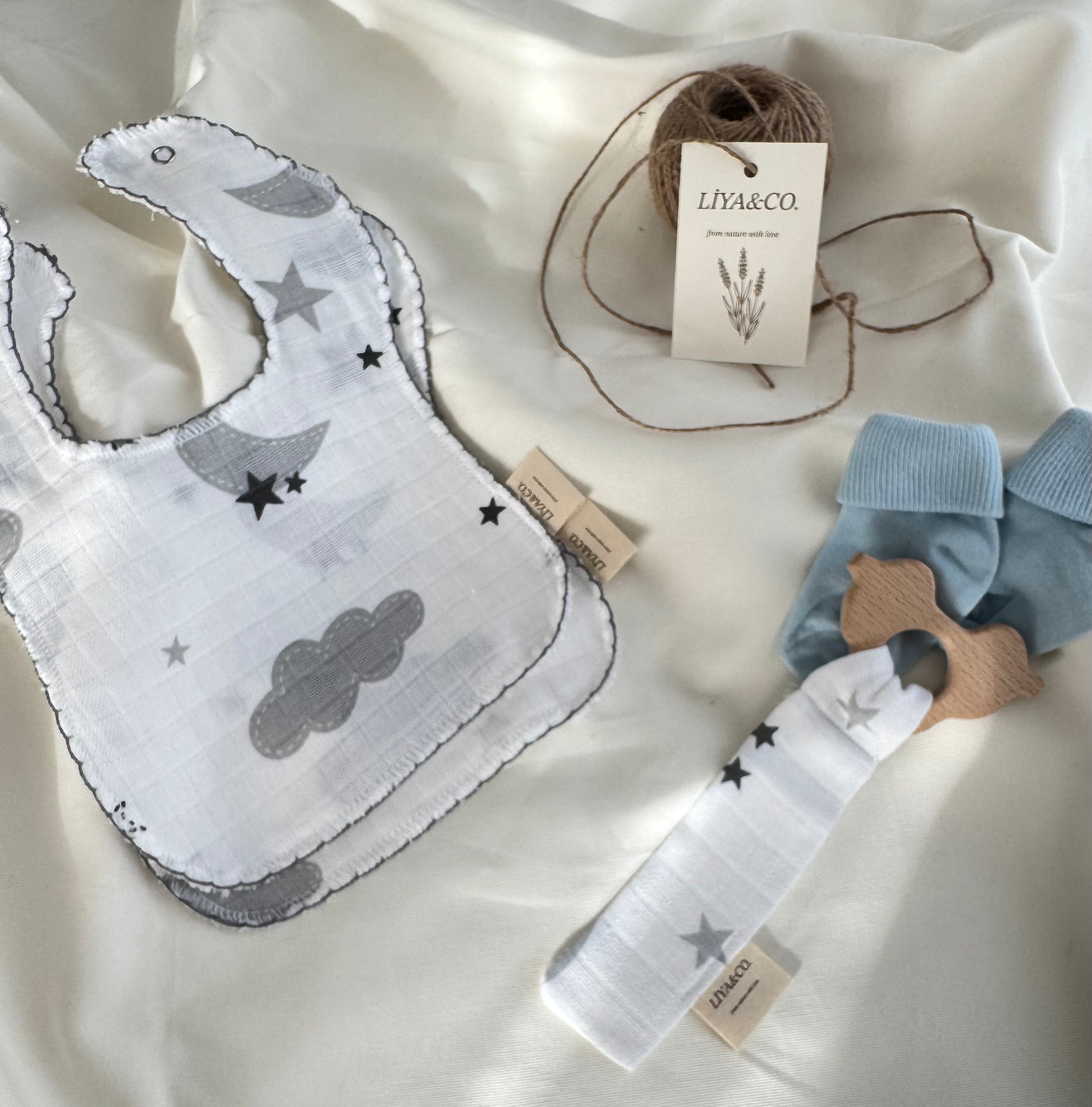 Liya&Co bebek önlüğü ve ahşap diş kaşıyıcı seti, %100 pamuk müslin kumaş, doğal ve yumuşak