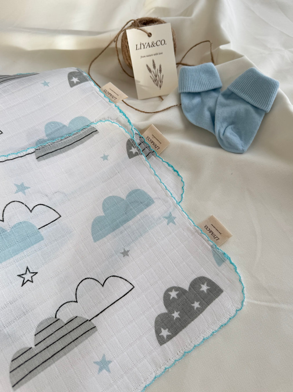 Bebek ağız bezi 3'lü set detay, emici müslin kumaş, makinede yıkanabilir