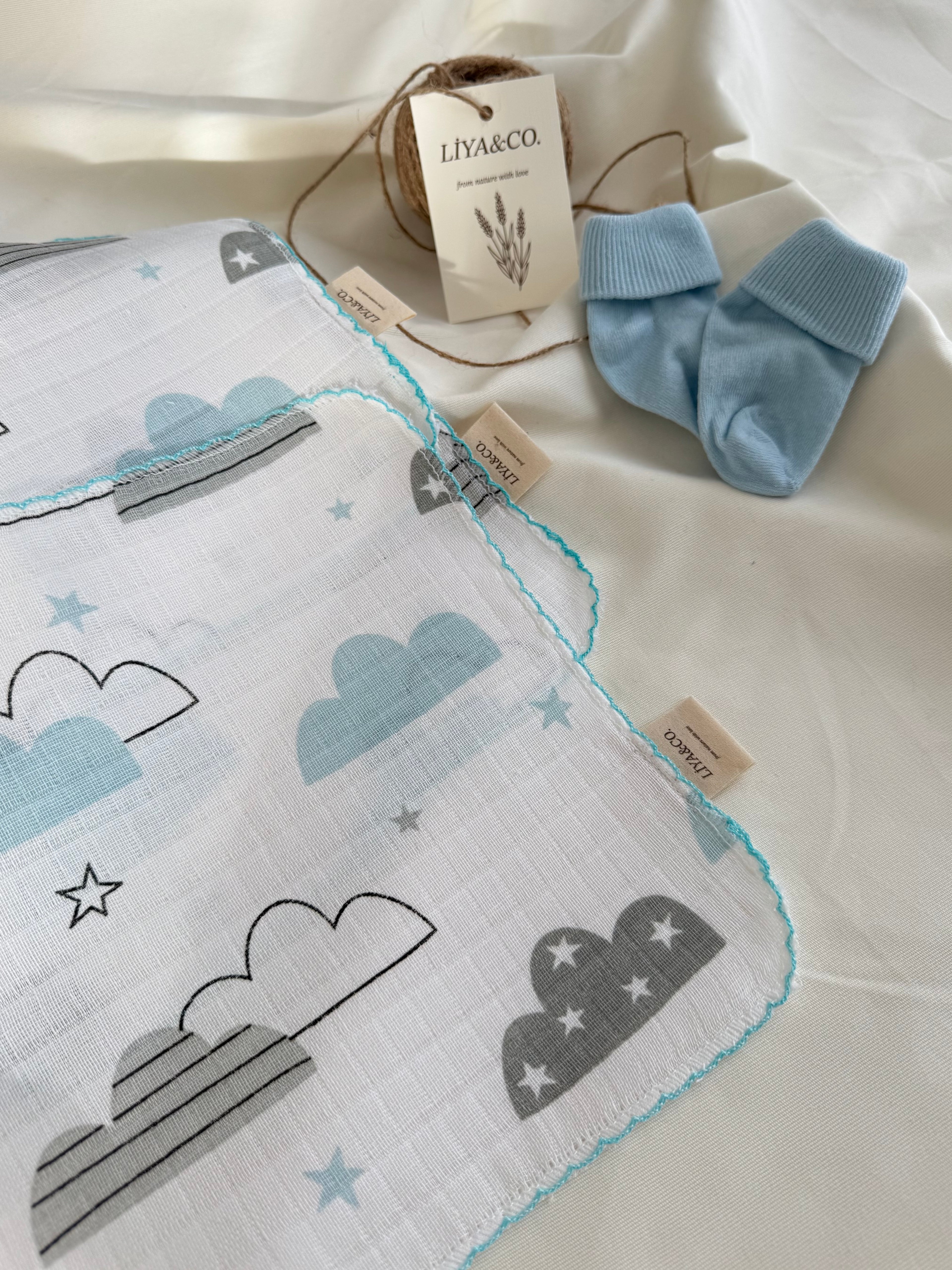 Bebek ağız bezi 3'lü set detay, emici müslin kumaş, makinede yıkanabilir